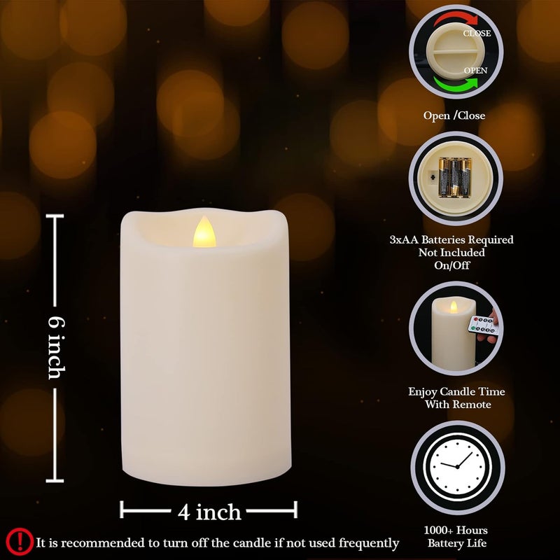 7LinRay Store Waterproof Outdoor Flameless Candles with Remote and Timers, 1000 Hours Battery Operated Large LED Flickering Pillar Candles, Ivory Plastic, Set of 2 (D 4" x H 6") - Image 2